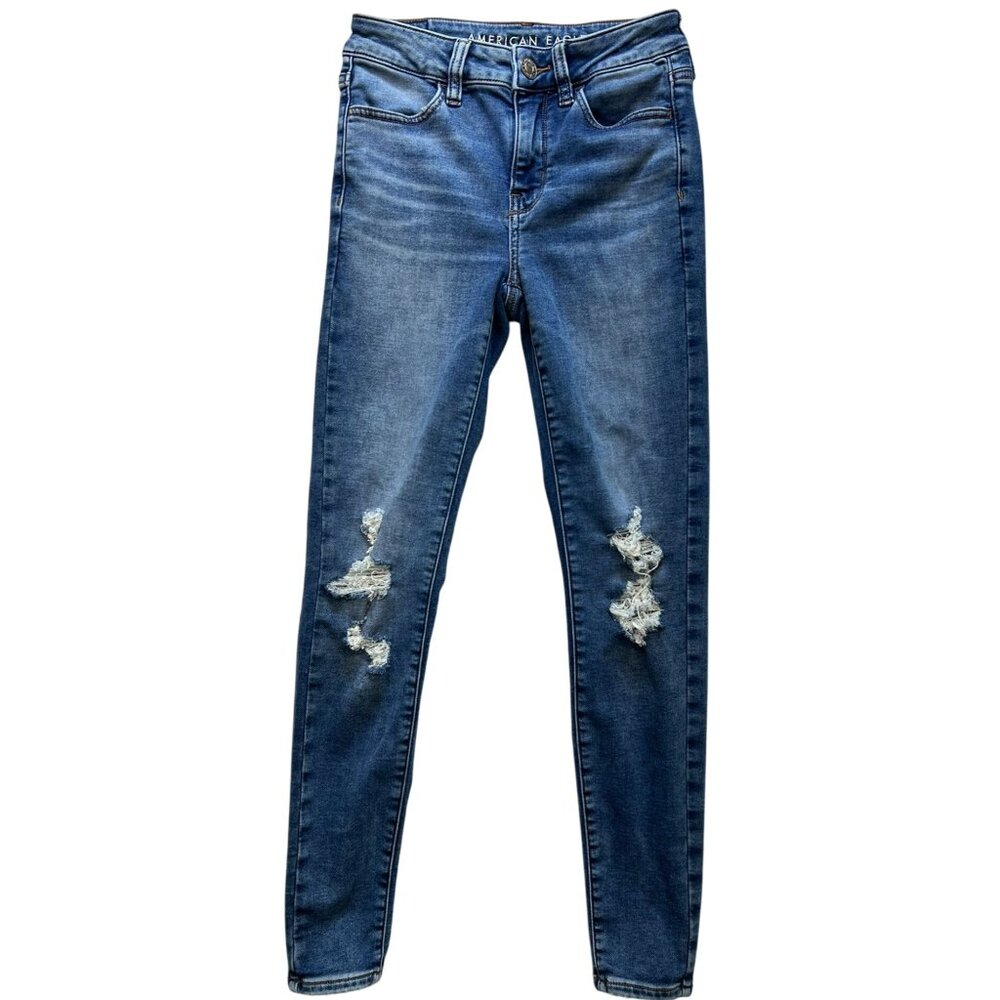 American Eagle Women Distressed Jegging Jeans Next Level Stretch Denim Sz 2 Blue